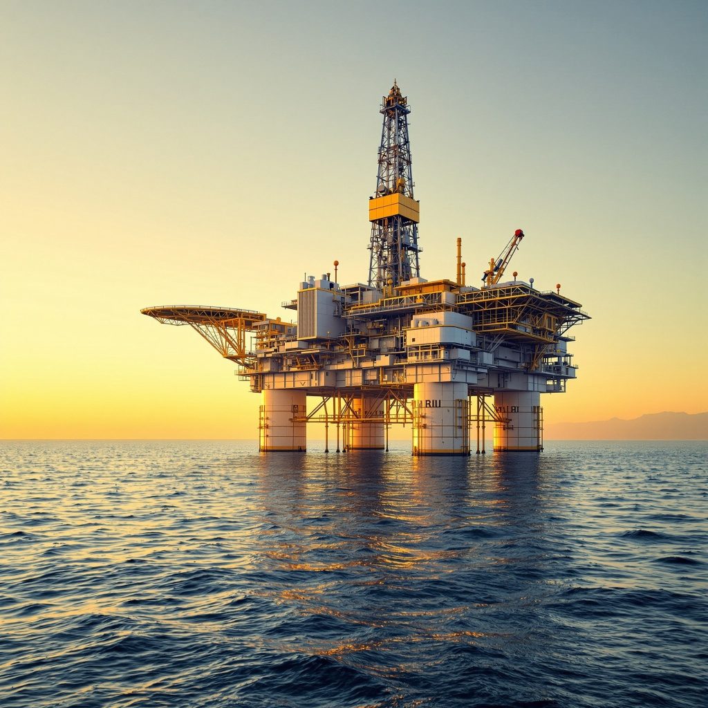 Panoramic,view,of,a,massive,offshore,oil,drilling,rig,at